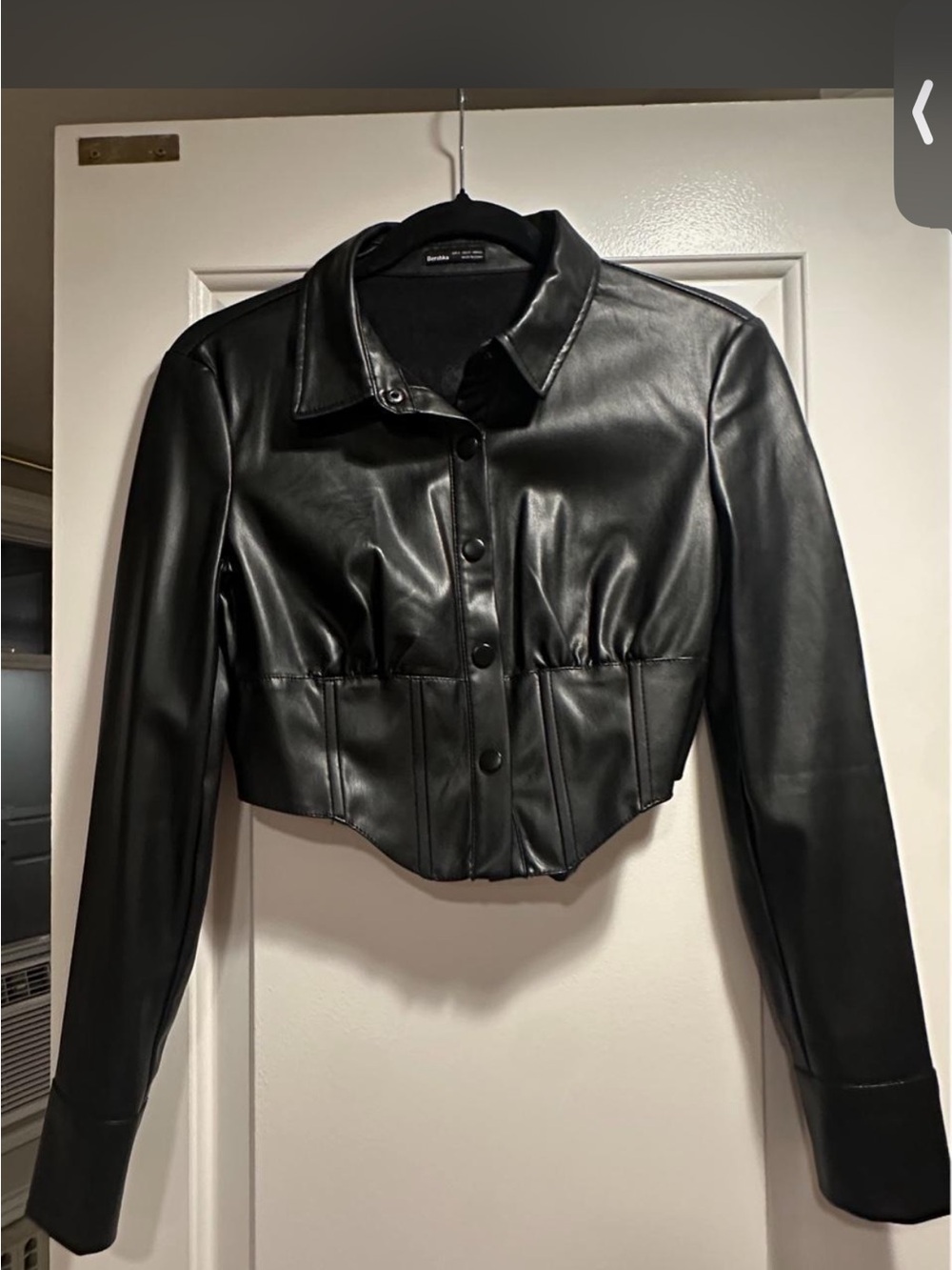 Bershka Cropped Black Faux Leather Button Jacket